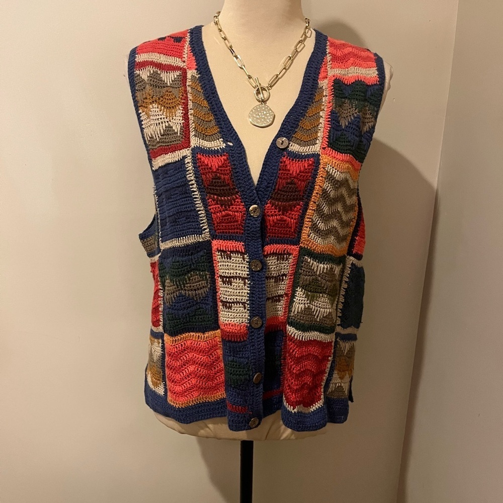 Vintage Hand Knitted Northern Isles Multicolor Knit Vest  Patchwork Design, S
